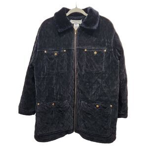 Vintage Jones New York Sport Black Velour Quilted Zip Front Fur Collar Jacket, M